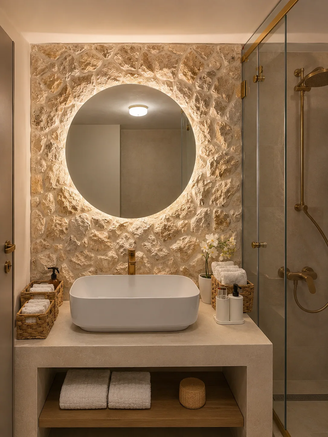 Stone Wall Round Mirror Bath — bathrooms renovation in BATROUN by K.Renovation