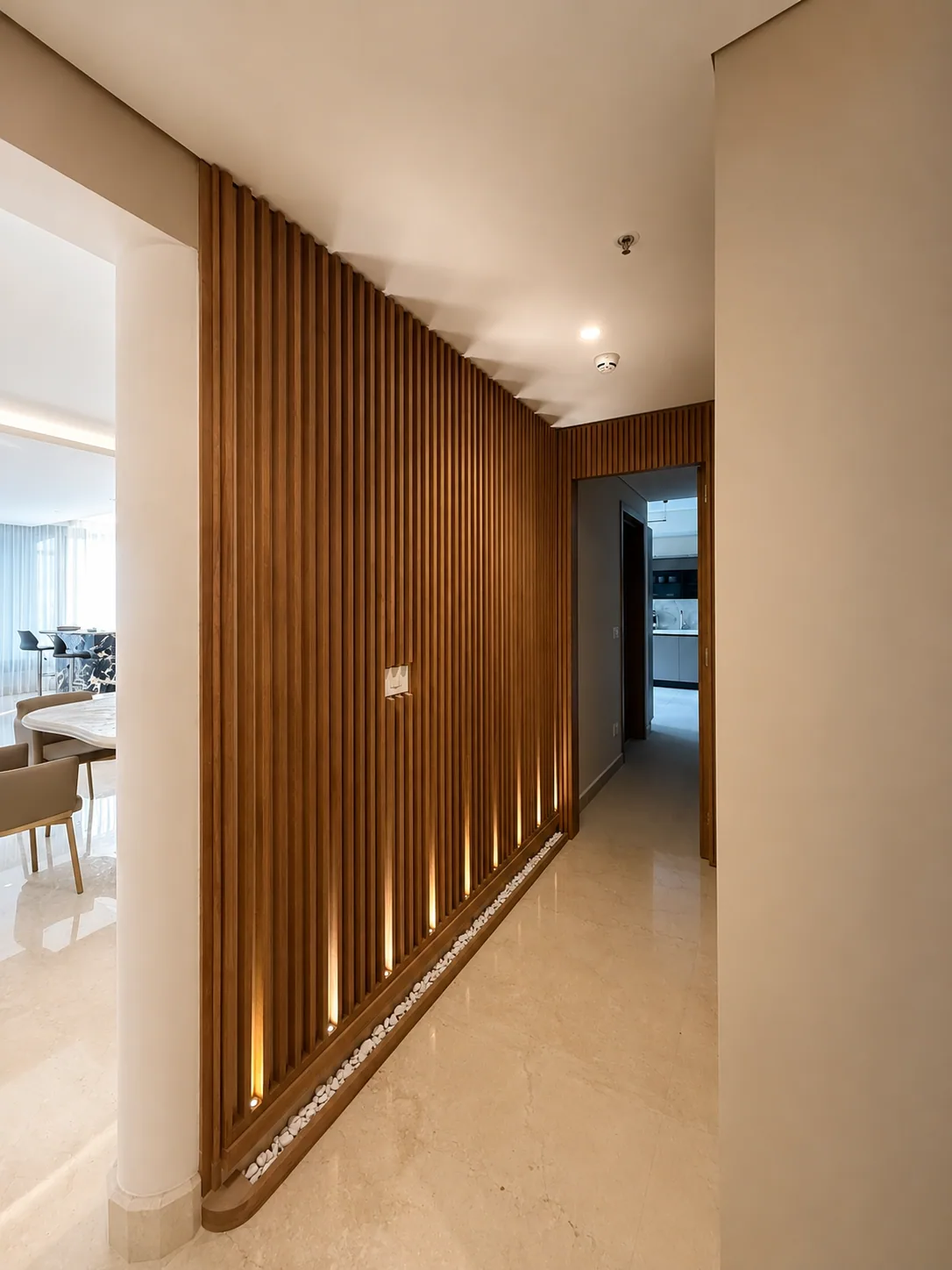 Slatted Oak Pebble Hallway — chic corners renovation in Beirut by K.Renovation